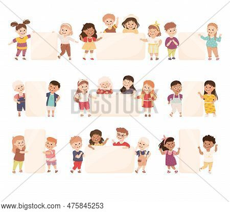 Happy Kids Standing With Blank Banners Set. Little Children Holding Empty White Board Or Placard Vec
