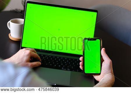 Information Or Data Transfer Between Mobile Phones And Laptop, Mockup Or Concept Of Wareless Connect