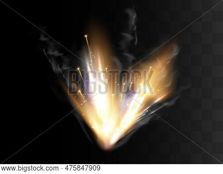 Gun Flashes With Smoke And Fire Sparkles. Pistol Shots Clouds, Muzzle Shotgun Explosion. Blast Motio