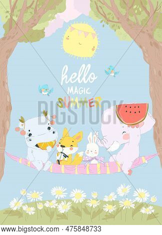 Cute Cartoon Animals Enjoying Summer In Big Hammock