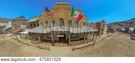 Sioux City Park, Gran Canaria - April 2023: Aerial View Of The Saloon With American Flag And Mexican
