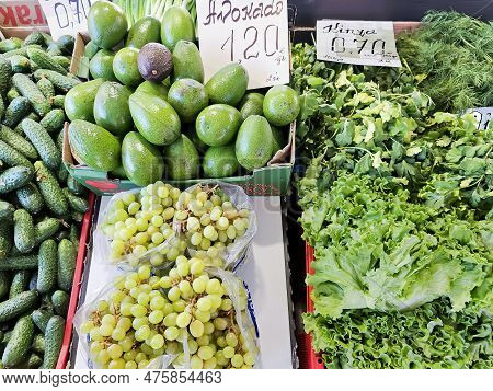 Fresh Organic Vegetables And Fruits From Farmer Market. Vegetarian Salads, Cucumbers, Avocado And Li