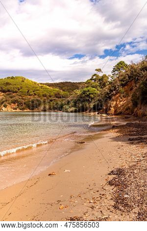 Magazzini Beach, A Free Mixed Shingle And Sand Beach Situated In The Gulf Of Portoferraio, Elba Isla