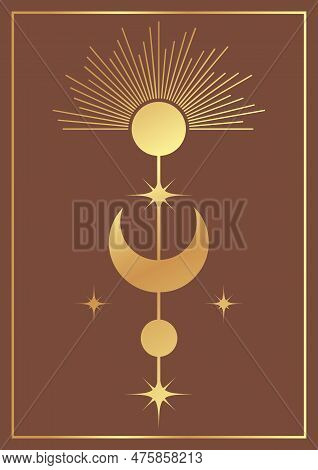 Retro Sun And Moon In Golden Style Printed Wall Art. Tarot Card Minimalist Vector Illustration. Aest