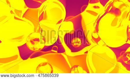 Glittering Gold Yellow Transpicuous Liquid Balls On Red Background - Abstract 3d Rendering