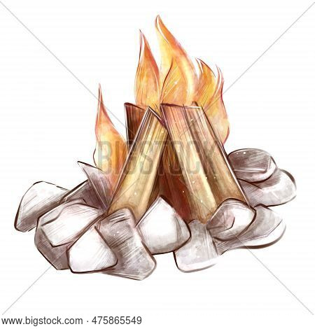 Bonfire In Watercolor Style. Balefire. Firewood Camping. Campfire. Forest Travelling. Tourism. Isola