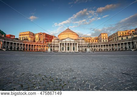 Naples, Italy. Cityscape Image Of Naples, Italy With The View Of Large Public Town Square Piazza Del