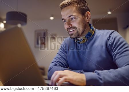 Data Entry And Software Develop Remote Jobs. A Happy Senior Developer Is Sitting At His Home, Workin