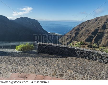 Aerial View From Mirador De La Curva Del Queso. Green Valley Of Valle Gran Rey With Mountain Cliffs,