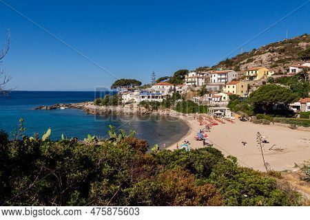Seccheto, Elba Island, Province Of Livorno Italy - 11 June 2022 View Over Sandy Colorful Beach Of Li