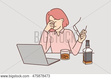 Businesswoman Drinks Whiskey Sitting Near Laptop And Feeling Stressed After Company Goes Bankrupt Or