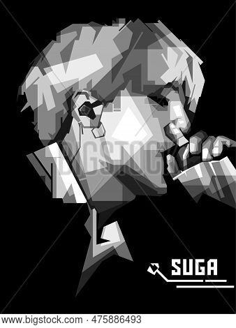 Black And White Suga Singing Artist From Korea Wpap Popart Illustration Design On Dark Background