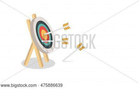 Many Arrows Missed Hitting Target Mark. Shot Miss. Multiple Failed Inaccurate Attempts To Hit Archer