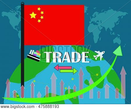 China Flag Standing With Their World Wise Trade Concept Vector Design. Isolated On Dark Blue Backgro