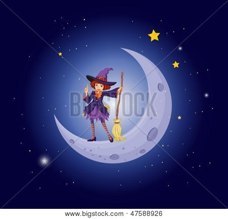 Illustration d'une jolie sorcière près de la lune