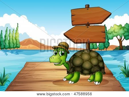 Abbildung einer Schildkröte in der Nähe von den hölzernen arrowboard
