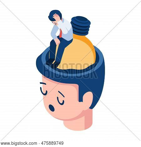 Flat 3d Isometric Businessman Sitting On Sinking Light Bulb Inside Head. No New Idea Or Inspiration 