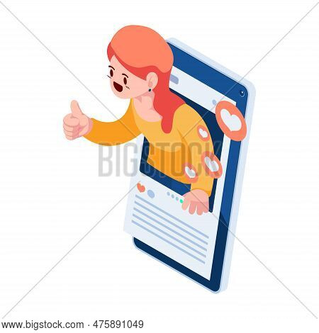 Flat 3d Isometric Woman Showing Thumbs Up Sign Inside Social Media Application. Social Media Influen