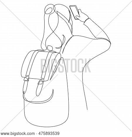 Back View Of Woman Tourist With A Backpack Take A Photo By Smartphone Continuous Line Drawing. Trave