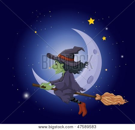 Illustration d'une sorcière à cheval sur un manche à balai flottant près de la lune