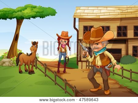 Illustration af en cowgirl og en væbnet cowboy nær barnhouse