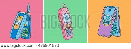 Mobile Phone Doodle. 2000s Cellphones Set. Y2k Trendy Illustration. Cellular Phone Retro Technology.