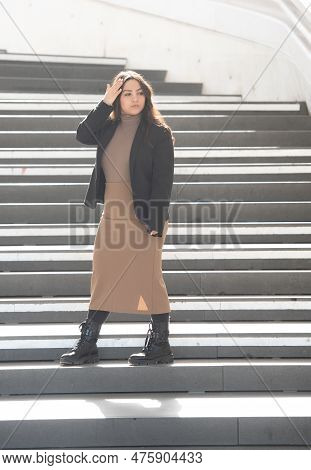 Young Attractive Woman Wearing Casual Clothing Posing Outdoors In The City. Nicosia Cyprus