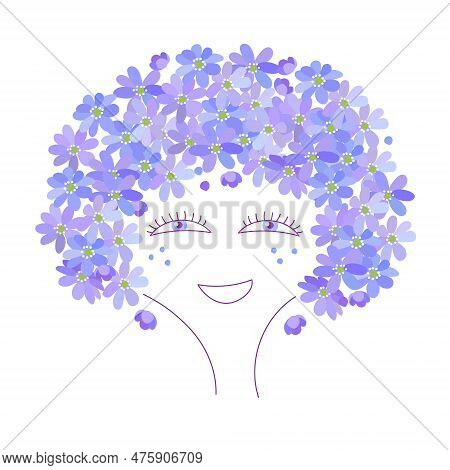 Beautiful Smiling Lady Face  With Blue Violet Spring Blooming Wild Forest Flowers Hair Hepatica On W