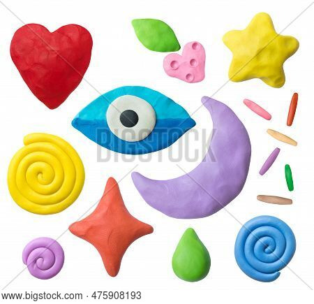 Set Of Plasticine Objects. Handmade Hearts, Eyes, Moons, Stars, Drops, Berries, Snails.