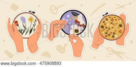 Sewing Stickers Set. Collection Of Hand Embroidered Fabrics And Needle. Fashion, Trend And Style. Ha