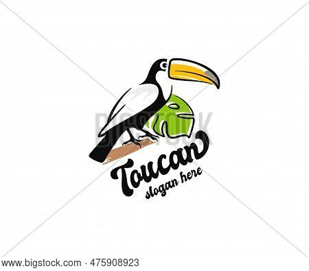 Exotic Toucan Bird Sits On A Tree Branch In The Rainforest Jungle Graphic Design. Tropical Toucan Bi