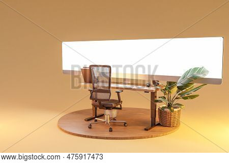 Isolated Computer Workspace On Wooden Podium With Giant Widescreen Monitor; Freelance And Home Offic