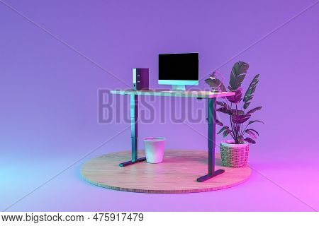 Isolated Computer Workspace On Wooden Podium With Standing Desk; Freelance And Home Office Concept; 