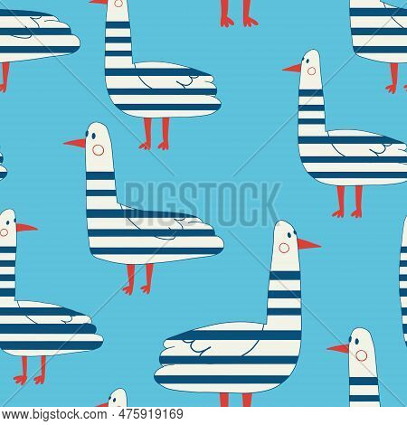 Gull Flat Vector Seamless Pattern. Childish Cute Backdrop. Seagull Cartoon Texture