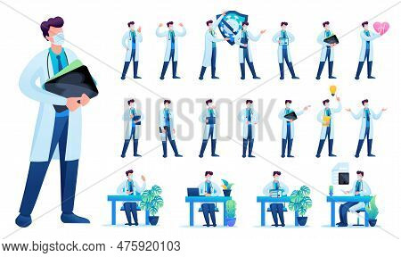 Set Of Man Doctor. Presentation In Various In Various Poses And Actions. 2d Flat Character Vector Il