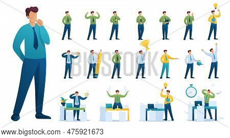 Set Of Businessman. Presentation In Various In Various Poses And Actions. 2d Flat Character Vector I