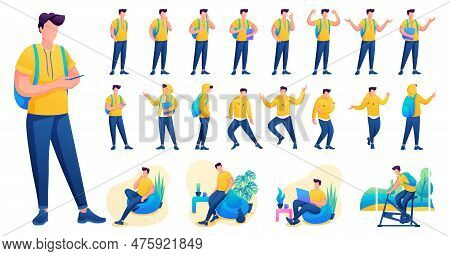Presentation In Various Poses And Actions Character. Young Men. 2d Flat Character Vector Illustratio