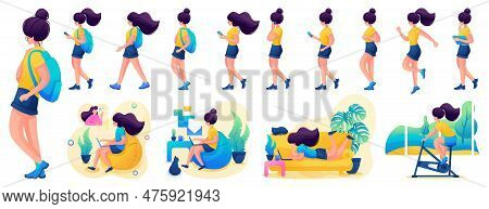 Presentation In Various Poses And Actions Character. Young Girl. 2d Flat Character Vector Illustrati