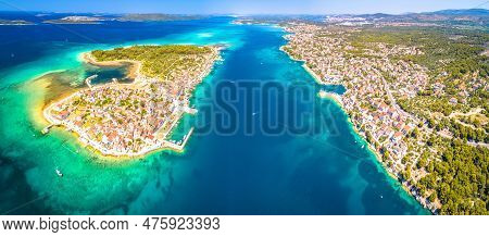 Island Of Krapanj And Brodarica Village Aerial Panoramic View, Sea Sponge Harvesting Island, Sibenik