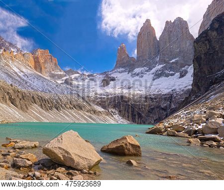 The Towers Above An Alpine Lake At Mirador Torres Del Paine In Torres Del Paine National Park In Chi