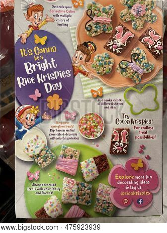 Grovetown, Ga Usa - 03 14 23: Grocery Store Rice Krispie Treats Cereal Back Of Box