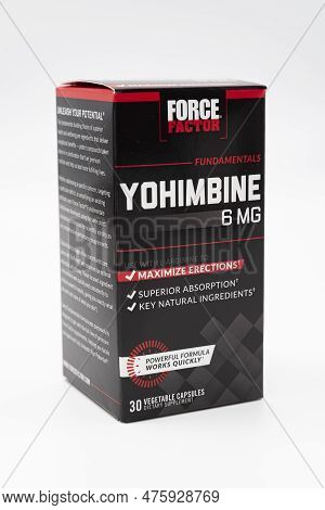 Fuji, Shizuoka, Japan - March 21, 2023: Yohimbine Force Factor 6 mg 30 capsules isolated on white background.