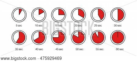 Countdown Timers Collection. Different Time On Watch. 5, 10, 15, 20 Seconds Icons, Quarter, Half And