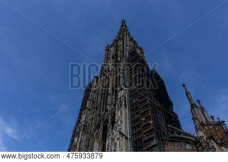 Ulm, Germany - April 29, 2023:  Ulm Cathedral. Gothic, Lutheran Cathedral, The Tallest Cathedral In 