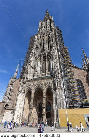 Ulm, Germany - April 29, 2023:  Ulm Cathedral. Gothic, Lutheran Cathedral, The Tallest Cathedral In 