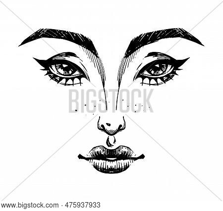 Sexy Female Face With Makeup, Logo For Beauty Salon, Nautral Cosmetics. Engraving, Hand Drawing Symb