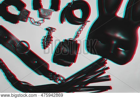 Set Of Adult Erotic Toys For Bdsm Sex With Submission And Domination. Leather Flogger Whip, Handcuff