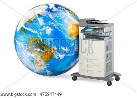 Office Multifunction Printer Mfp With Earth Globe. 3d Rendering Isolated On White Background