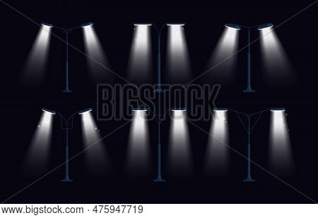 City Light Row. Street Lamp System With Light Bulb, Streetlight Night Illumination With Light Rays, 