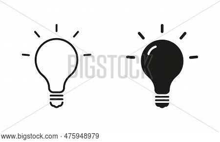 Light Bulb Black Sign Collection. Lamp Silhouette And Line Icon Set. Creative Idea Symbol. Innovatio